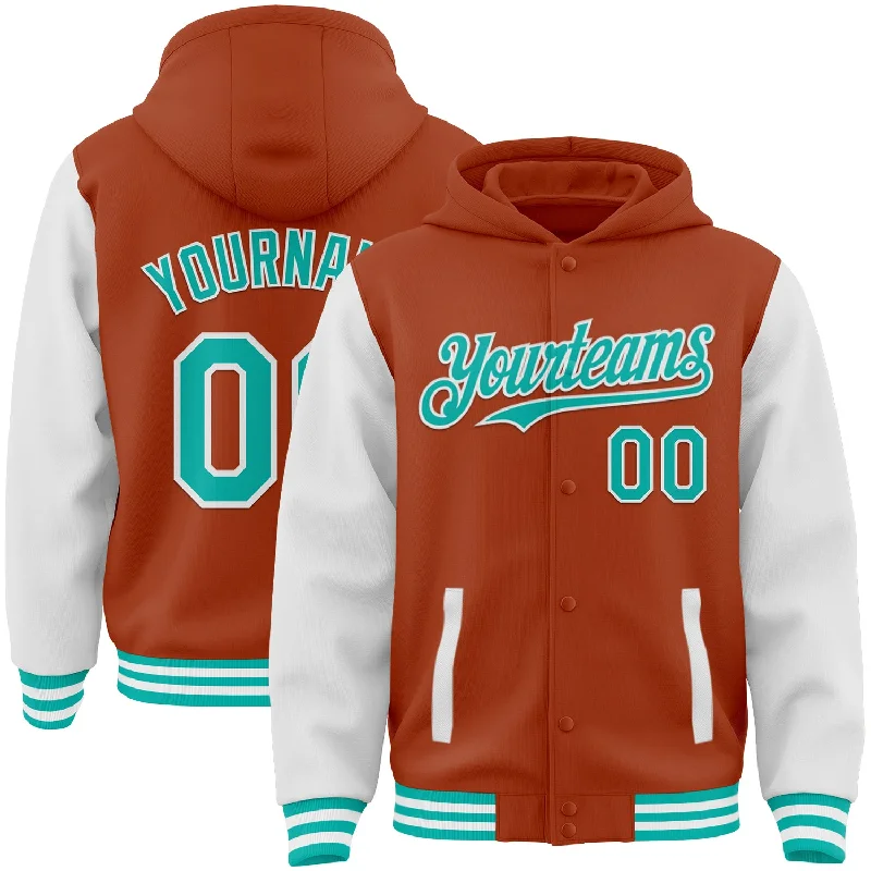 Cozy Winter Hoodie for Chilly Days-Custom Texas Orange Aqua-White Bomber Full-Snap Varsity Letterman Two Tone Hoodie Jacket