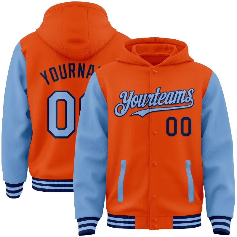 Heavy Duty Hoodie for Outdoor Workwear-Custom Orange Light Blue-Navy Bomber Full-Snap Varsity Letterman Two Tone Hoodie Jacket