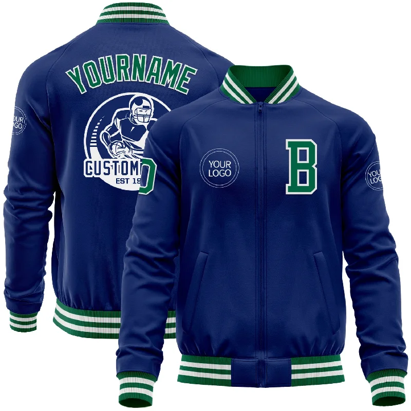 Casual Bomber Jacket for Everyday Wear-Custom Royal Kelly Green-White Bomber Varsity Letterman Zipper Jacket