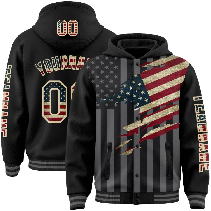 Cool Graphic Hoodie for Streetwear Look-Custom Black Vintage USA Flag Cream-Gray 3D Bomber Full-Snap Varsity Letterman Hoodie Jacket