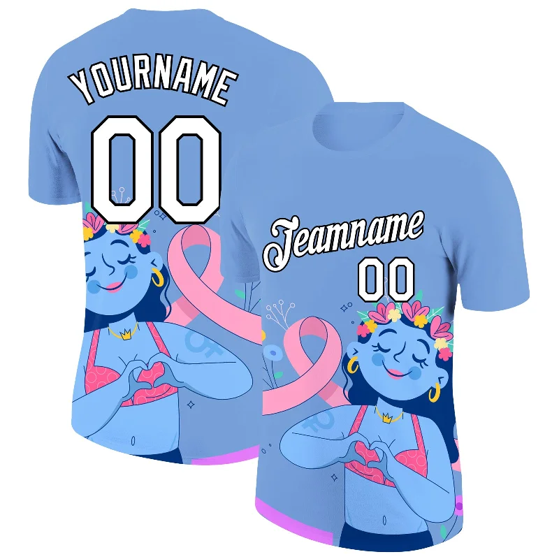 Comfortable Lounge T-Shirt for Cozy Days-Custom Light Blue White-Black 3D Pink Ribbon Breast Cancer Performance T-Shirt