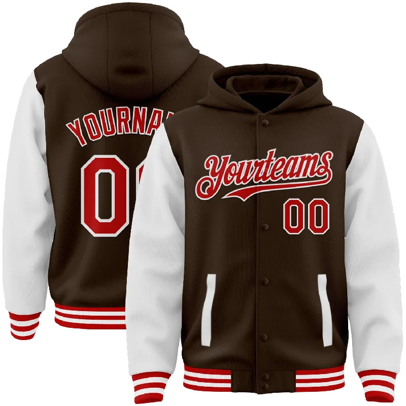 Stylish Hooded Sweatshirt for Casual Looks-Custom Brown Red-White Bomber Full-Snap Varsity Letterman Two Tone Hoodie Jacket