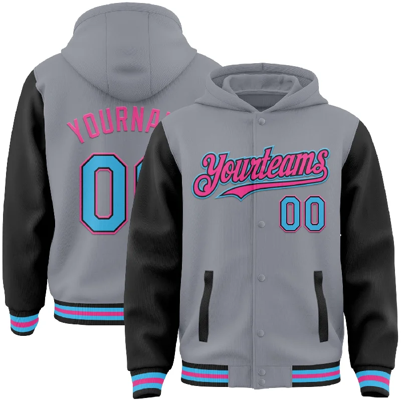 Trendy Pullover Hoodie for Street Fashion-Custom Gray Sky Blue Black-Pink Bomber Full-Snap Varsity Letterman Two Tone Hoodie Jacket