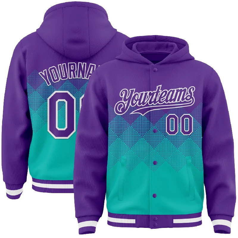 Soft Terry Cloth Hoodie for Relaxed Vibes-Custom Purple Aqua-White Gradient Square Shape 3D Pattern Design Bomber Full-Snap Varsity Letterman Hoodie Jacket