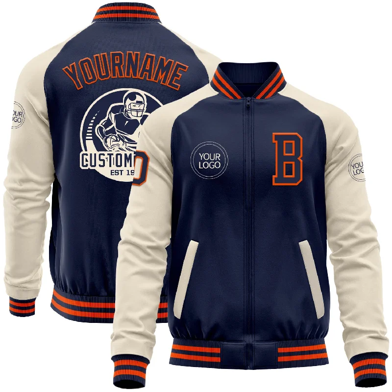 Packable Jacket for Travel and Convenience-Custom Navy Orange-Cream Bomber Varsity Letterman Two Tone Zipper Jacket