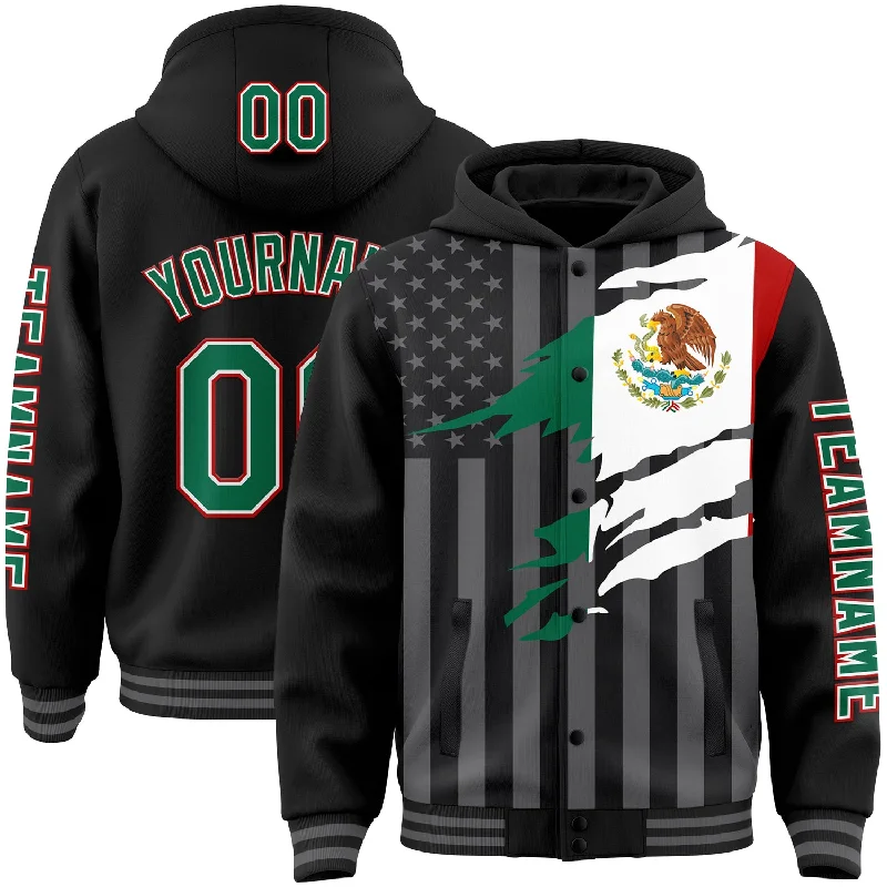 Oversized Pullover Hoodie for Casual Comfort-Custom Black Kelly Green Red-Gray Mexico Mexican Flag 3D Bomber Full-Snap Varsity Letterman Hoodie Jacket