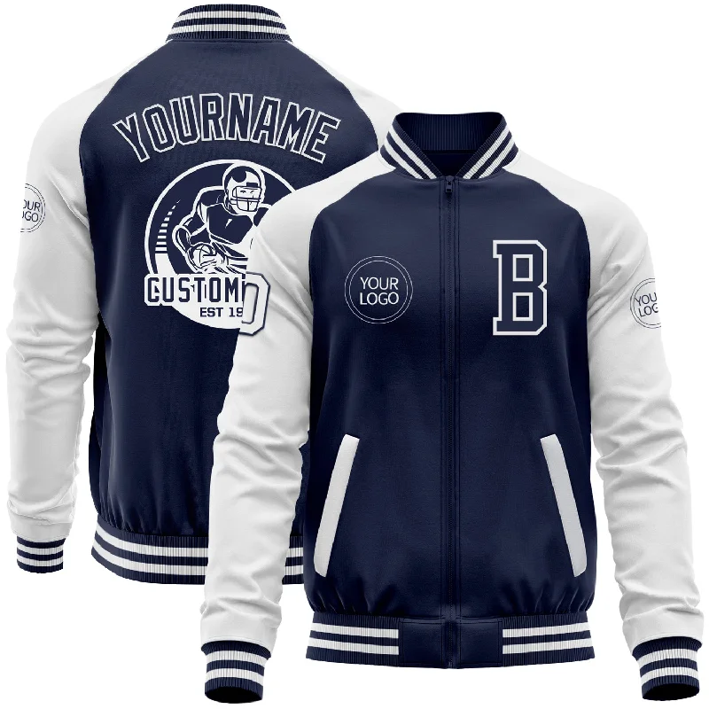 Soft Cotton Hoodie Jacket for Casual Outfits-Custom Navy White Bomber Varsity Letterman Two Tone Zipper Jacket