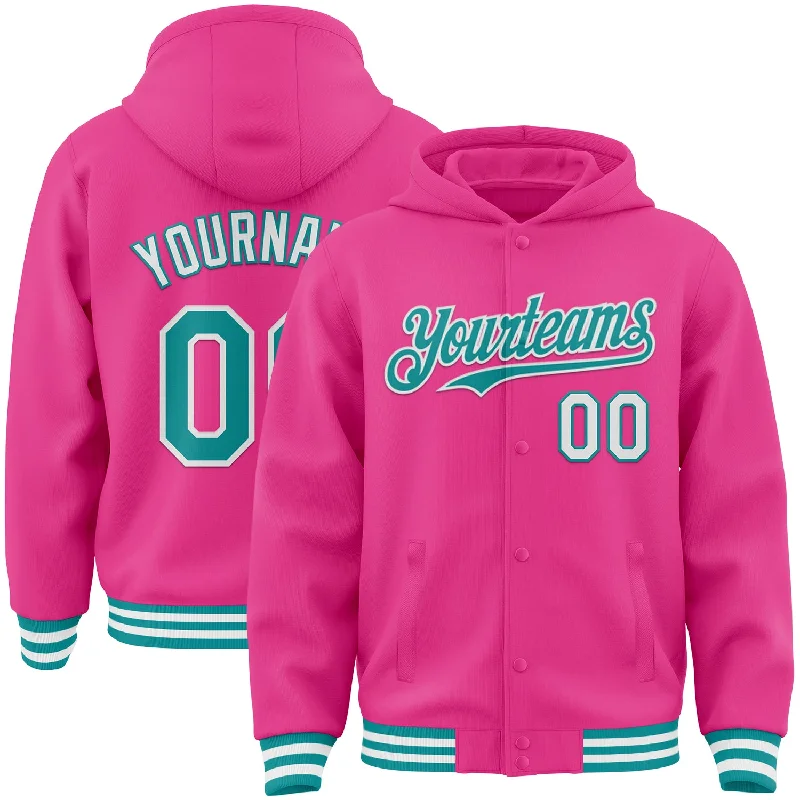 Breathable Hoodie for Summer Nights-Custom Pink Teal-White Bomber Full-Snap Varsity Letterman Hoodie Jacket