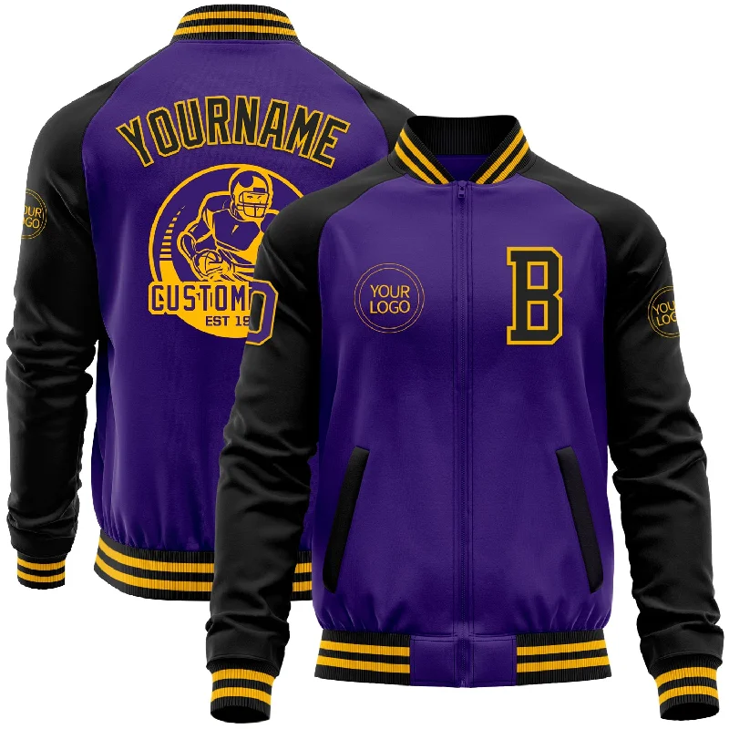 Bomber Style Jacket for Streetwear Fashion-Custom Purple Black-Gold Bomber Varsity Letterman Two Tone Zipper Jacket