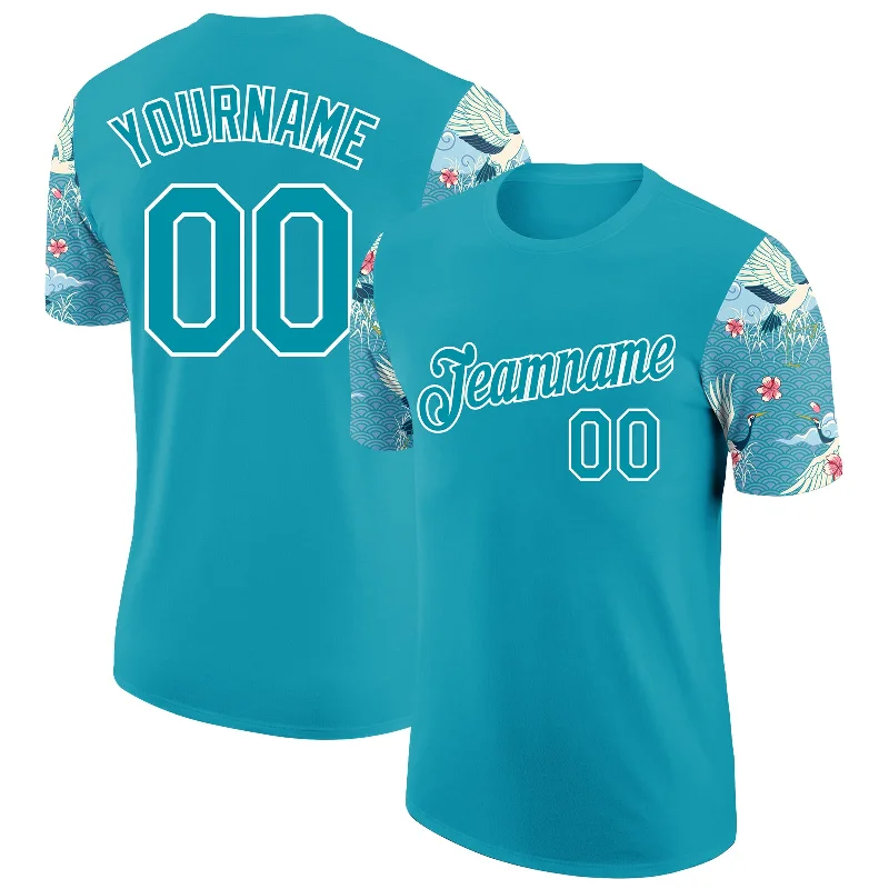 Festival-Inspired T-Shirt for Bohemian Vibes-Custom Teal White 3D Pattern Design Animal Crane Performance T-Shirt