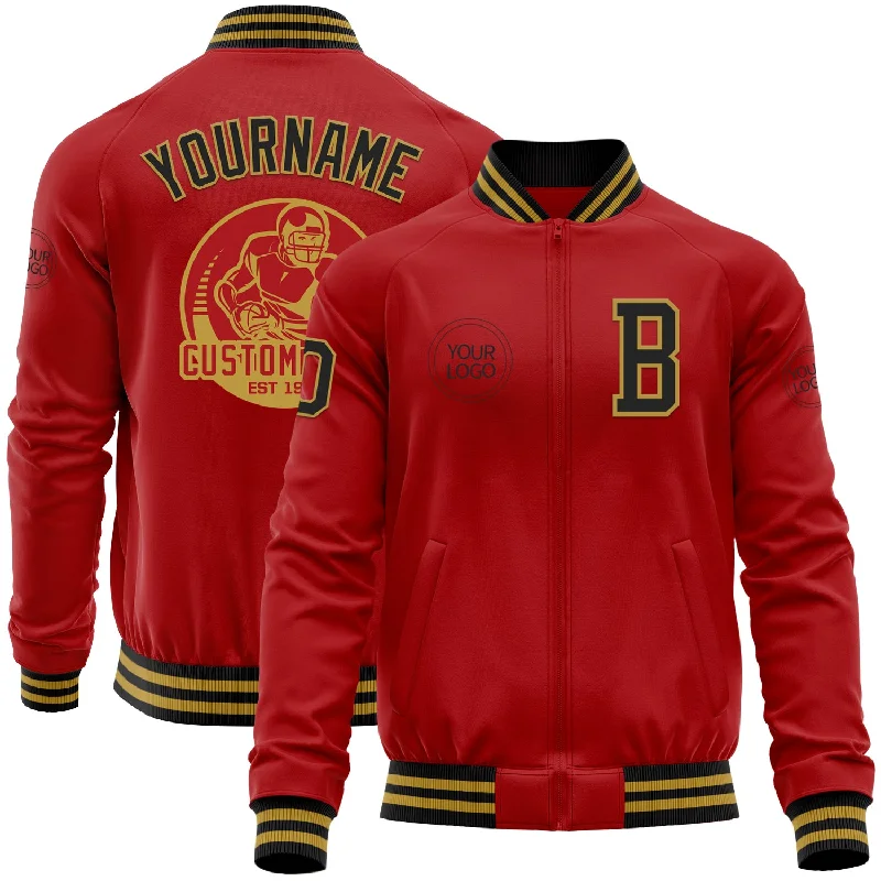 Stretch Fit Jacket for Enhanced Comfort-Custom Red Black-Old Gold Bomber Varsity Letterman Zipper Jacket