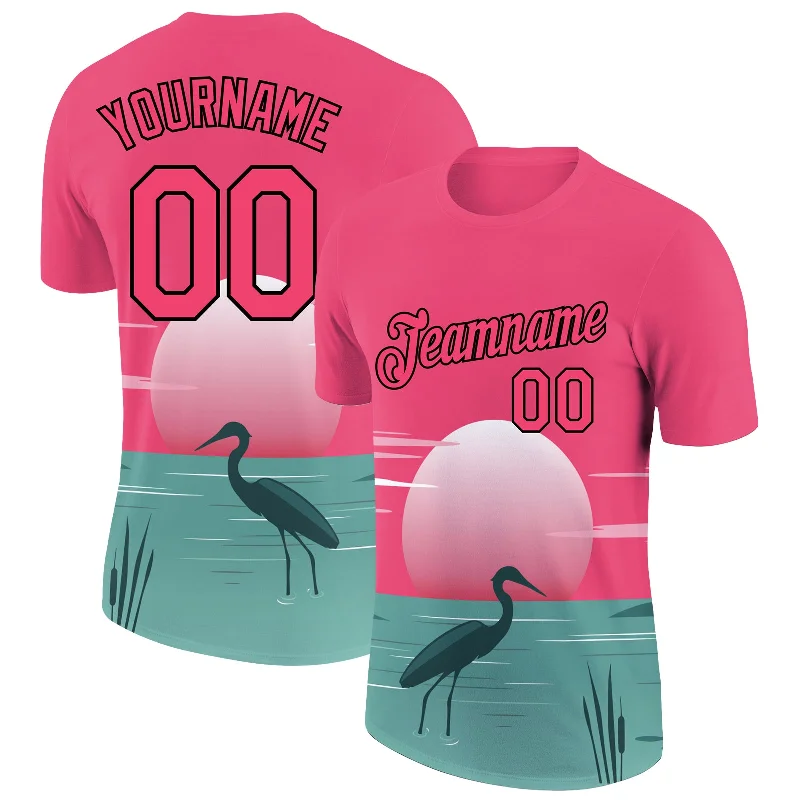 Sporty Performance T-Shirt for Running and Workouts-Custom Neon Pink Black 3D Pattern Design Animal Heron Performance T-Shirt