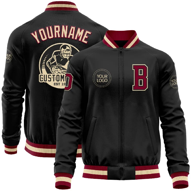 Zip-Front Jacket for Quick and Easy Wear-Custom Black Maroon-Cream Bomber Varsity Letterman Zipper Jacket