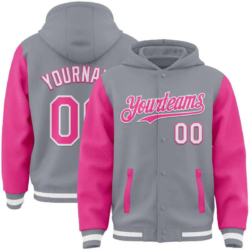 Classic Hoodie with Kangaroo Pocket for Convenience-Custom Gray Pink-White Bomber Full-Snap Varsity Letterman Two Tone Hoodie Jacket