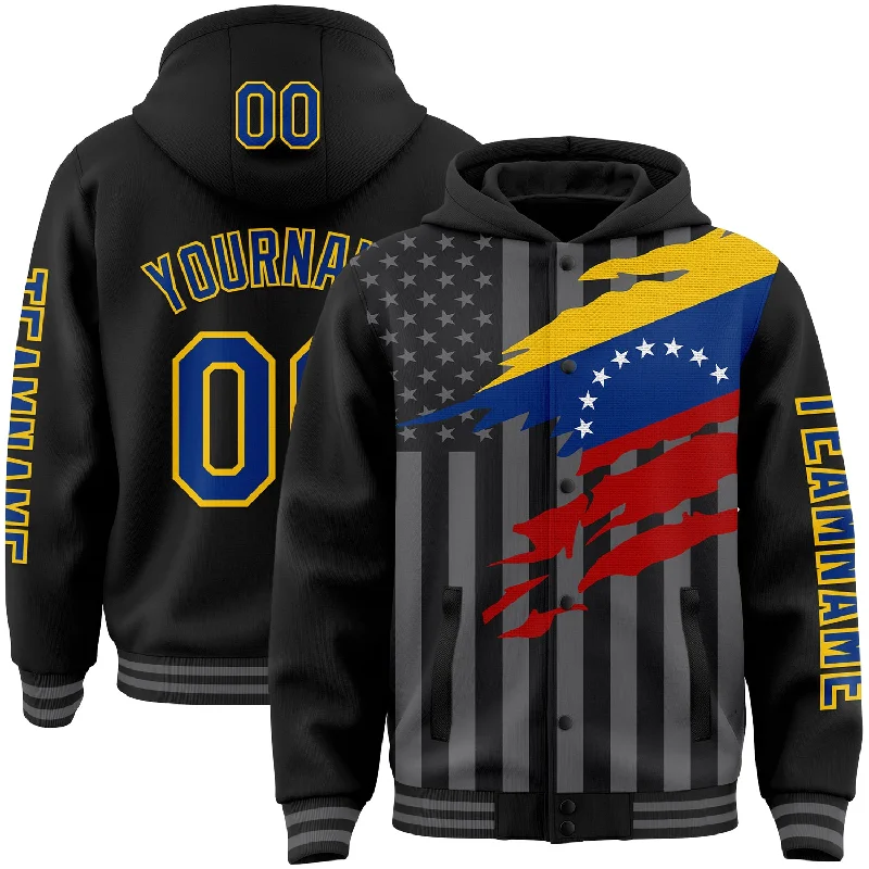 Soft Sherpa Hoodie for Extra Warmth-Custom Black Royal Yellow-Gray Venezuela Venezuelan Flag 3D Bomber Full-Snap Varsity Letterman Hoodie Jacket