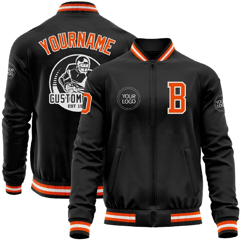 Practical Utility Work Jacket for Professional Use-Custom Black Orange-White Bomber Varsity Letterman Zipper Jacket