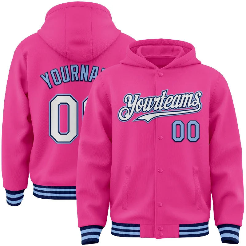 Bold Color Hoodie for Attention-Grabbing Style-Custom Pink Navy-Light Blue Bomber Full-Snap Varsity Letterman Hoodie Jacket