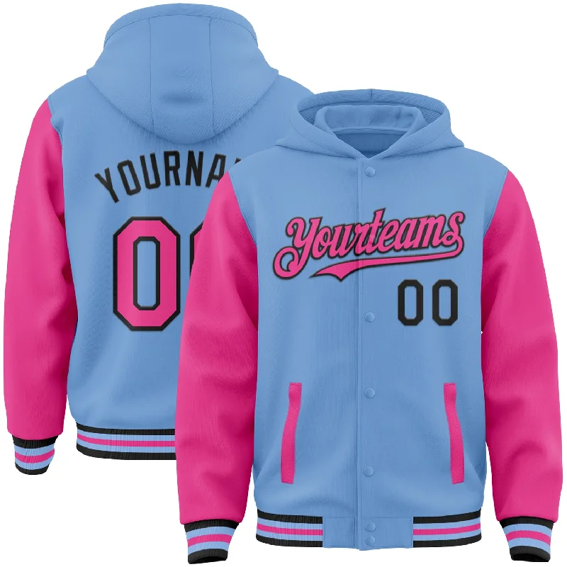 Minimalist Zip-Up Hoodie for Sleek Style-Custom Light Blue Pink-Black Bomber Full-Snap Varsity Letterman Two Tone Hoodie Jacket