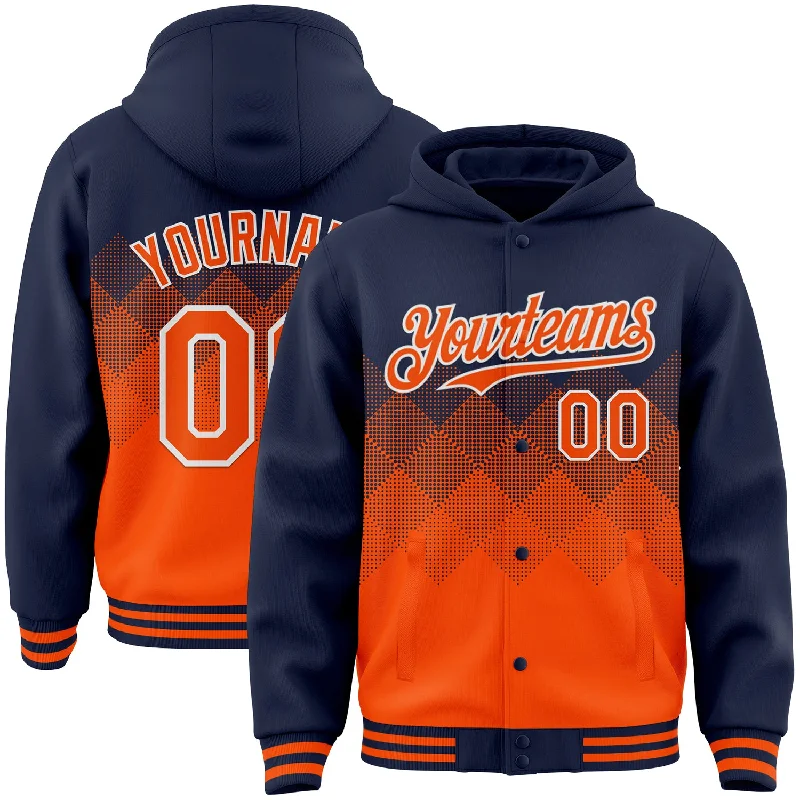 Premium Quality Hoodie for Luxury Comfort-Custom Navy Orange-White Gradient Square Shape 3D Pattern Design Bomber Full-Snap Varsity Letterman Hoodie Jacket