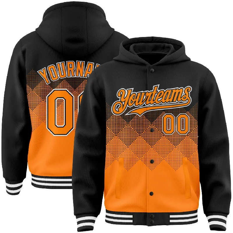 Graphic Print Hoodie for Trendy Style-Custom Black Bay Orange-White Gradient Square Shape 3D Pattern Design Bomber Full-Snap Varsity Letterman Hoodie Jacket