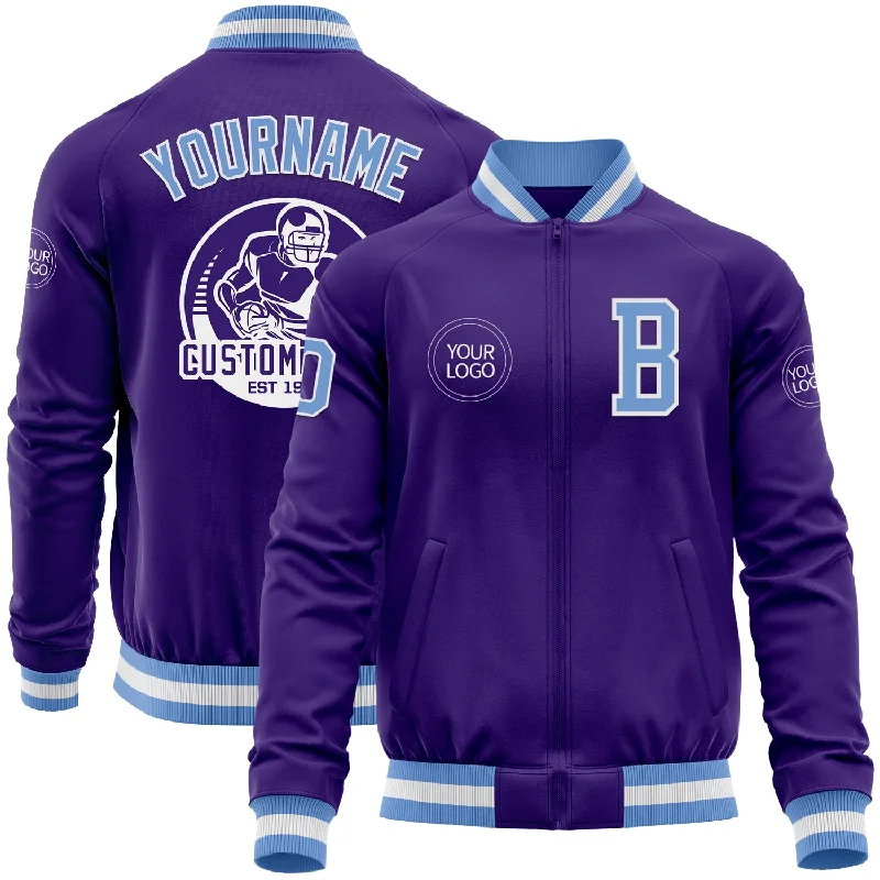 Functional Ski Jacket for Snow Sports-Custom Purple Light Blue-White Bomber Varsity Letterman Zipper Jacket