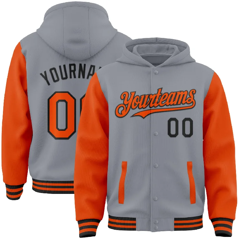 Classic Hoodie for Everyday Comfort-Custom Gray Orange-Black Bomber Full-Snap Varsity Letterman Two Tone Hoodie Jacket