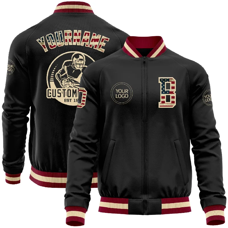 Oversized Jacket for Trendy Comfort-Custom Black Vintage USA Flag Cream-Maroon Bomber Varsity Letterman Zipper Jacket