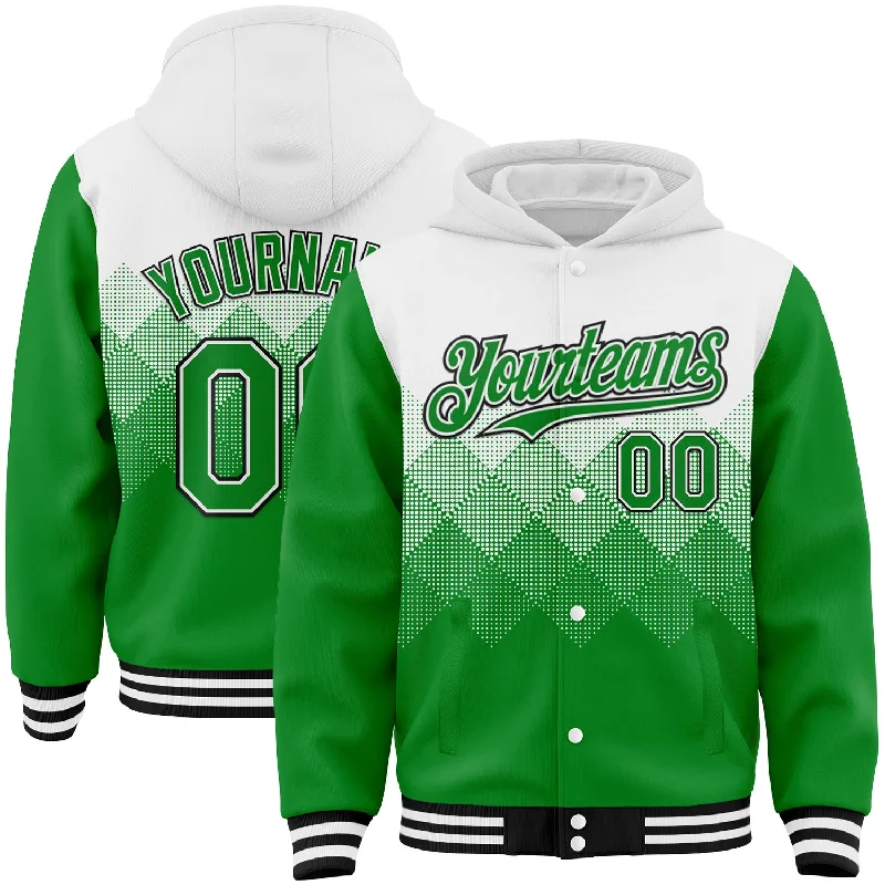 Street-Inspired Hoodie for Urban Fashion-Custom White Grass Green-Black Gradient Square Shape 3D Pattern Design Bomber Full-Snap Varsity Letterman Hoodie Jacket