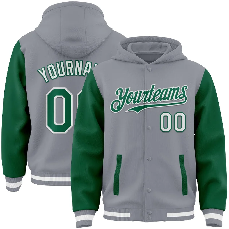 Warm Sherpa-Lined Hoodie for Ultimate Comfort-Custom Gray Kelly Green-White Bomber Full-Snap Varsity Letterman Two Tone Hoodie Jacket