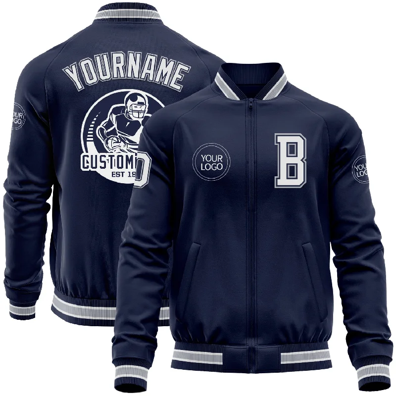 Stylish Leather Jacket for Trendy Look-Custom Navy White-Gray Bomber Varsity Letterman Zipper Jacket