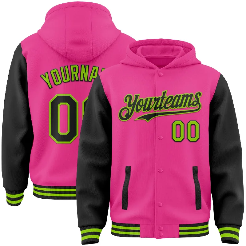 Soft Cotton Blend Hoodie for Extra Comfort-Custom Pink Black-Neon Green Bomber Full-Snap Varsity Letterman Two Tone Hoodie Jacket