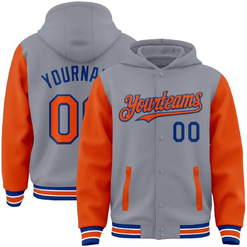 Trendy Colorblock Hoodie for Fashionable Style-Custom Gray Orange-Royal Bomber Full-Snap Varsity Letterman Two Tone Hoodie Jacket