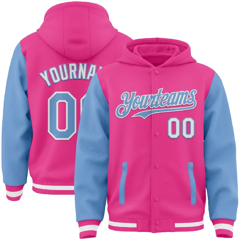 Urban Hoodie for Street Chic Look-Custom Pink Light Blue-White Bomber Full-Snap Varsity Letterman Two Tone Hoodie Jacket