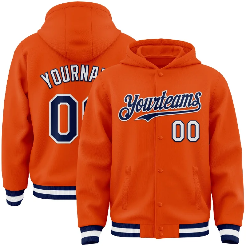 Lightweight Hoodie for Spring and Fall-Custom Orange Navy-White Bomber Full-Snap Varsity Letterman Hoodie Jacket