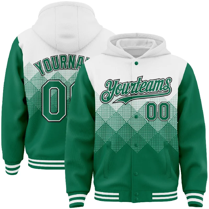 Breathable Hoodie for Summer Nights-Custom White Kelly Green-Black Gradient Square Shape 3D Pattern Design Bomber Full-Snap Varsity Letterman Hoodie Jacket