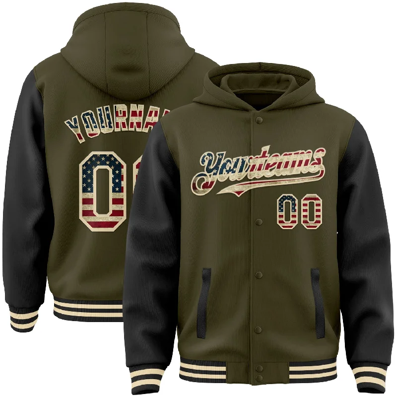 Trendy Pullover Hoodie for Street Fashion-Custom Olive Vintage USA Flag Cream-Black Bomber Full-Snap Varsity Letterman Two Tone Salute To Service Hoodie Jacket