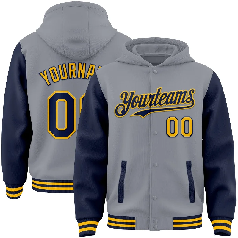 Cool Hoodie with Bold Logos for Statement Style-Custom Gray Navy-Gold Bomber Full-Snap Varsity Letterman Two Tone Hoodie Jacket