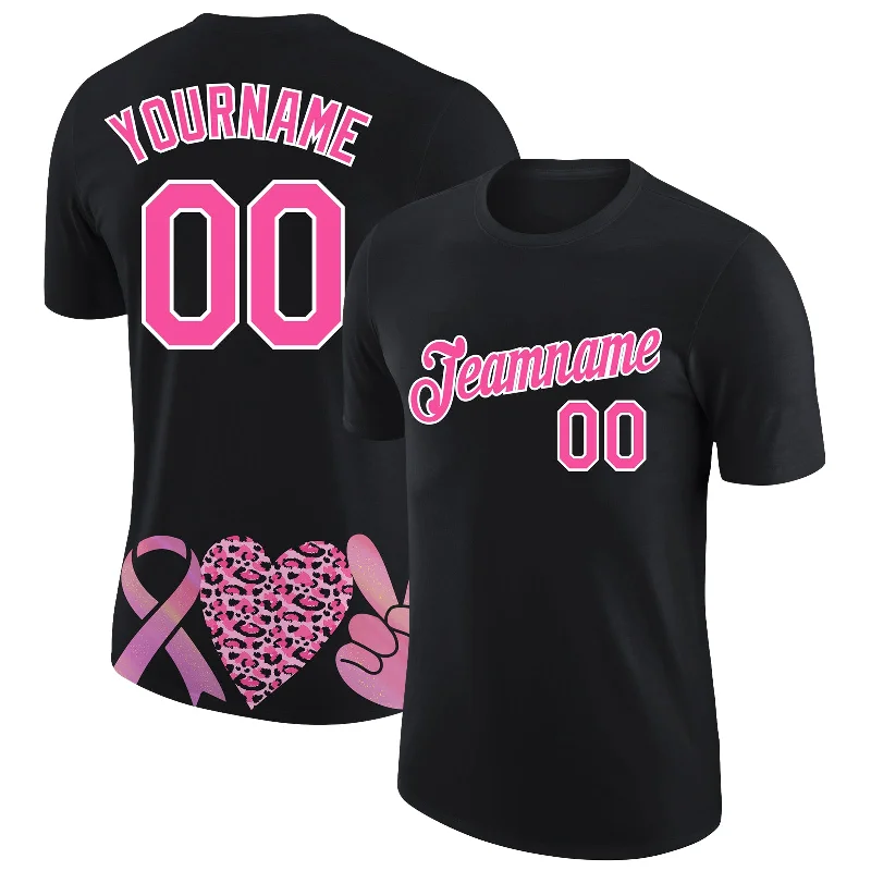 Soft Stretchy T-Shirt for All-Day Comfort-Custom Black Pink-White 3D Pink Ribbon Breast Cancer Performance T-Shirt