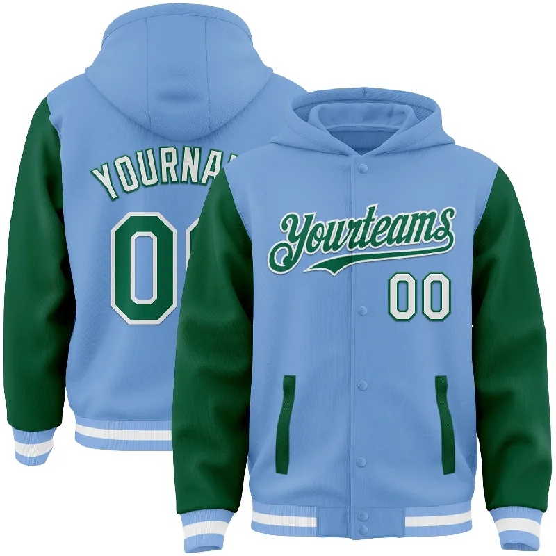 Classic Hoodie with Kangaroo Pocket for Convenience-Custom Light Blue Kelly Green-White Bomber Full-Snap Varsity Letterman Two Tone Hoodie Jacket