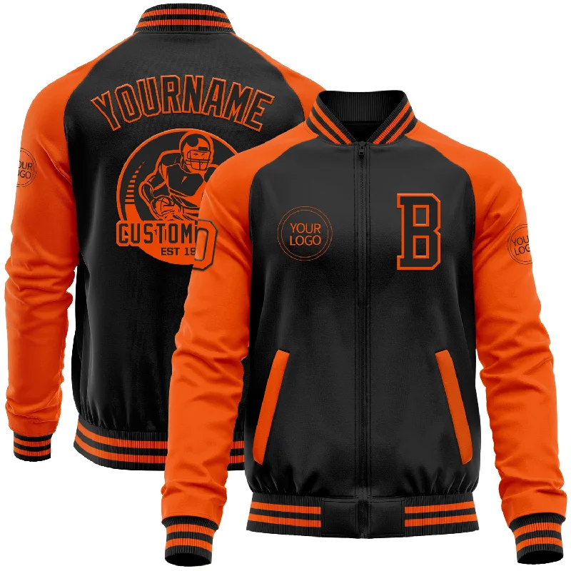 Packable Jacket for Travel and Convenience-Custom Black Orange Bomber Varsity Letterman Two Tone Zipper Jacket