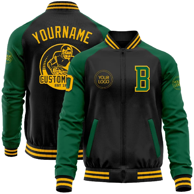 Casual Hooded Jacket for Everyday Casual Wear-Custom Black Gold-Kelly Green Bomber Varsity Letterman Two Tone Zipper Jacket