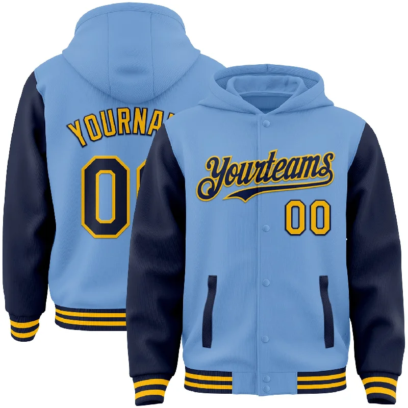 Simple Zip Hoodie for Easy Casual Style-Custom Light Blue Navy-Gold Bomber Full-Snap Varsity Letterman Two Tone Hoodie Jacket