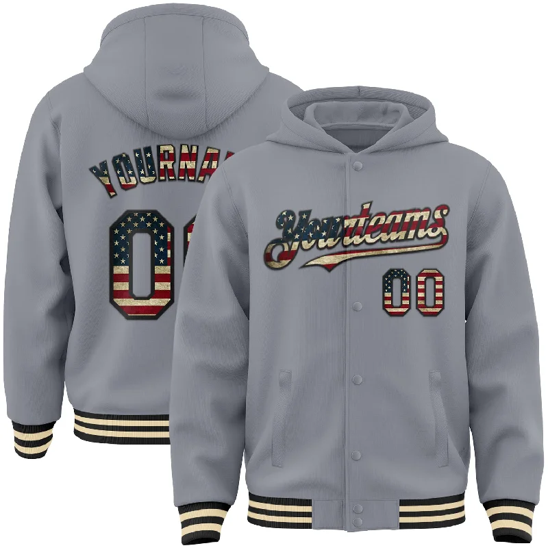 Trendy Hoodie with Graphics for Modern Appeal-Custom Gray Vintage USA Flag Black-Cream Bomber Full-Snap Varsity Letterman Hoodie Jacket