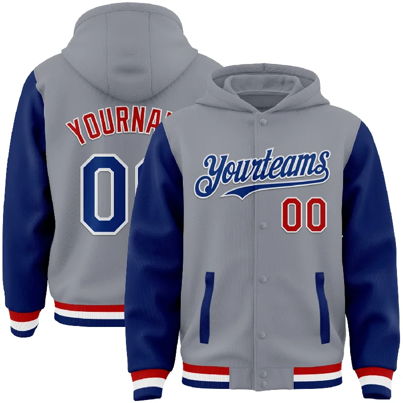 Hoodie with Front Pockets for Practical Wear-Custom Gray Royal-Red Bomber Full-Snap Varsity Letterman Two Tone Hoodie Jacket