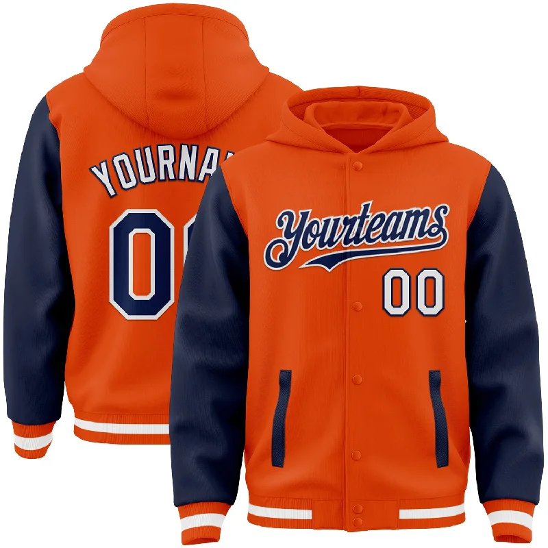 Cozy Sherpa Hoodie for Maximum Warmth-Custom Orange Navy-White Bomber Full-Snap Varsity Letterman Two Tone Hoodie Jacket