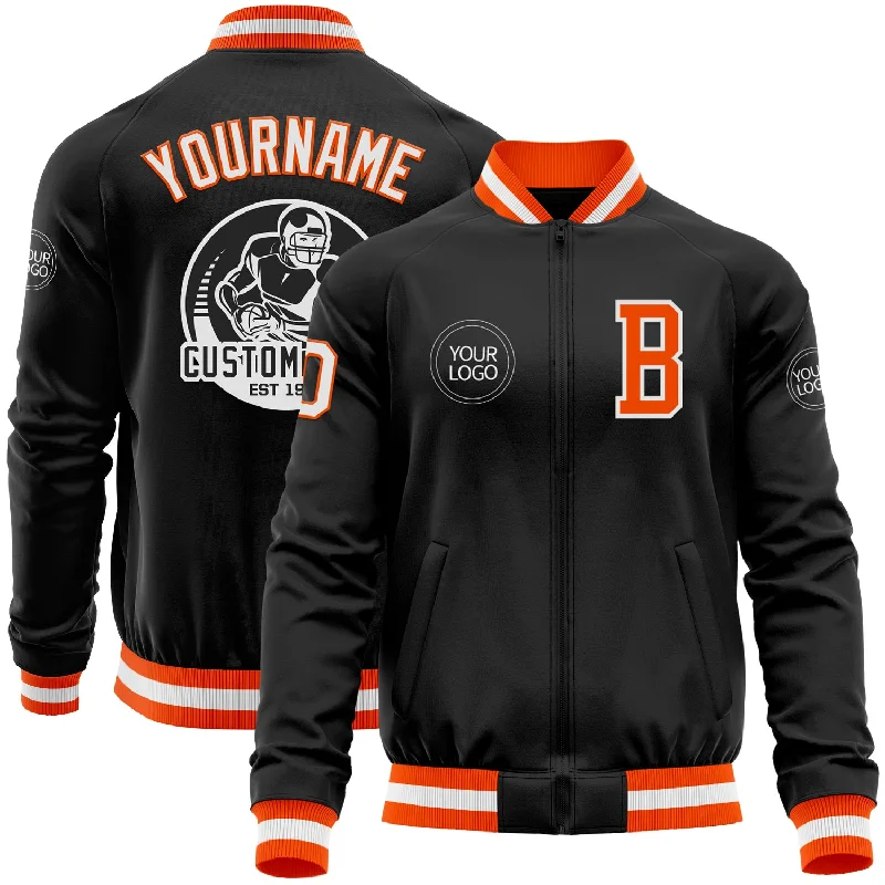 Trendy Tweed Jacket for Classic Fashion-Custom Black Orange-White Bomber Varsity Letterman Zipper Jacket