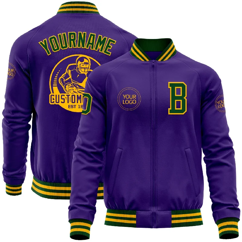 Sports Training Jacket for Comfort and Performance-Custom Purple Green-Gold Bomber Varsity Letterman Zipper Jacket