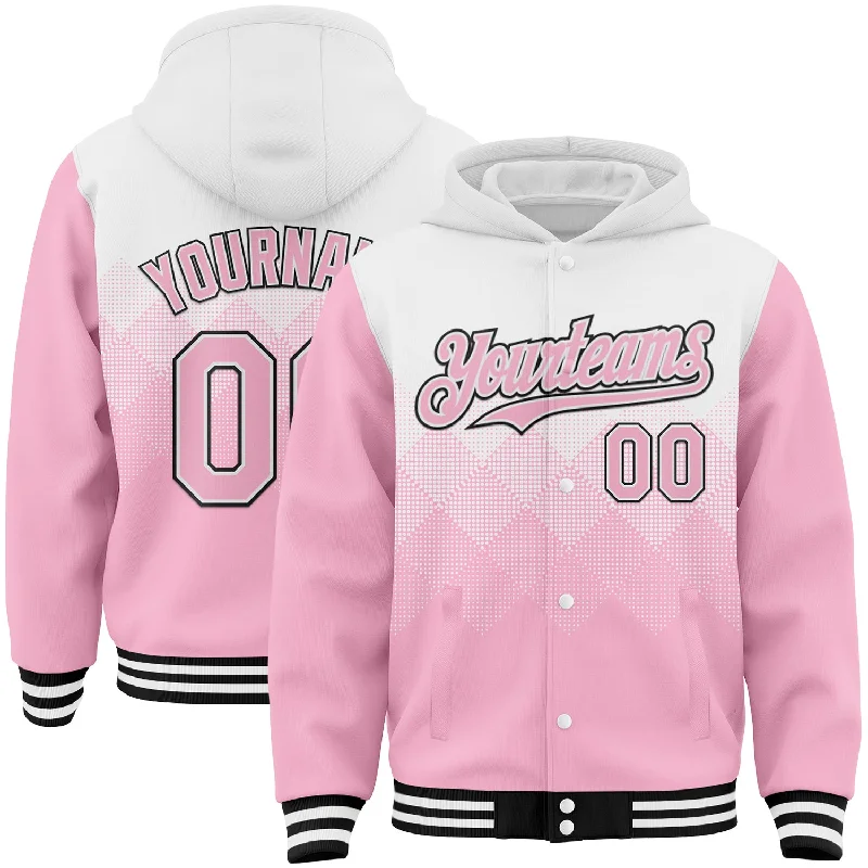 Urban Hoodie for Street Chic Look-Custom White Light Pink-Black Gradient Square Shape 3D Pattern Design Bomber Full-Snap Varsity Letterman Hoodie Jacket