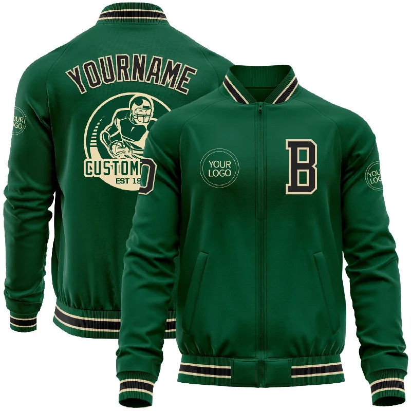 Waterproof Running Jacket for Athletes-Custom Kelly Green Black-Cream Bomber Varsity Letterman Zipper Jacket