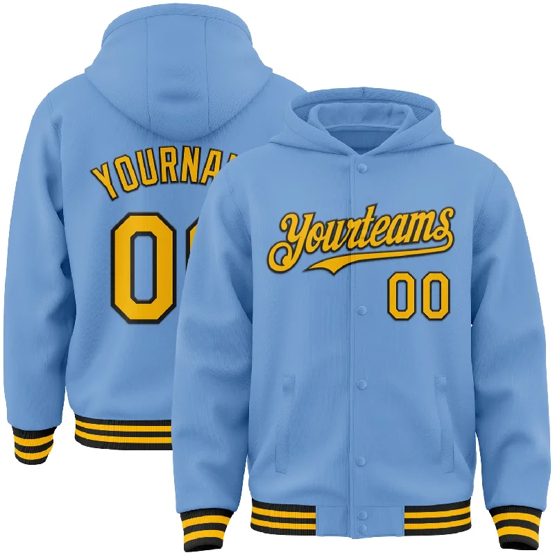 Relaxed-Fit Hoodie for Easygoing Style-Custom Light Blue Gold-Black Bomber Full-Snap Varsity Letterman Hoodie Jacket